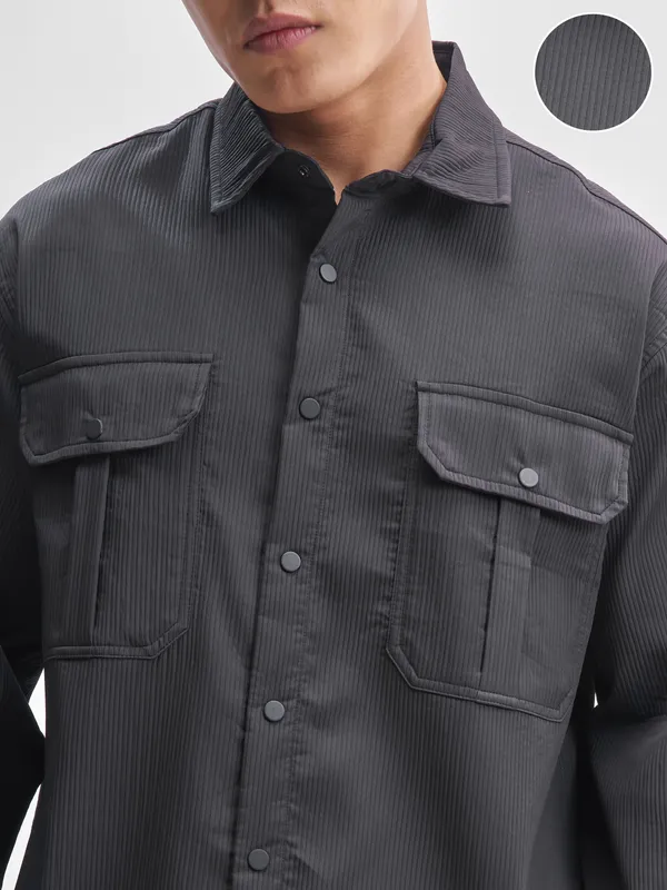 Highlander Men Black Self Design Oversized Fit Casual Shirt