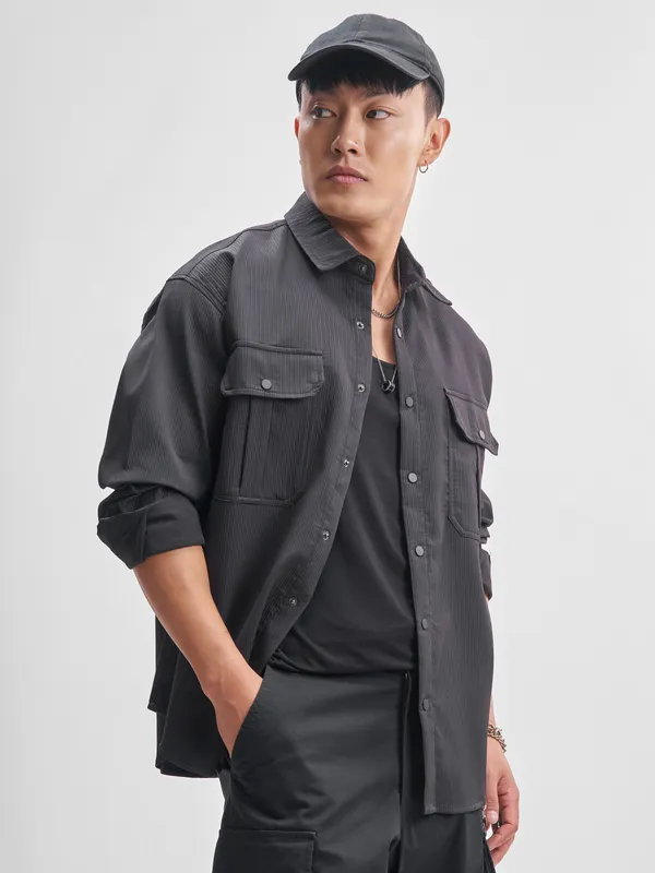 Highlander Men Black Self Design Oversized Fit Casual Shirt