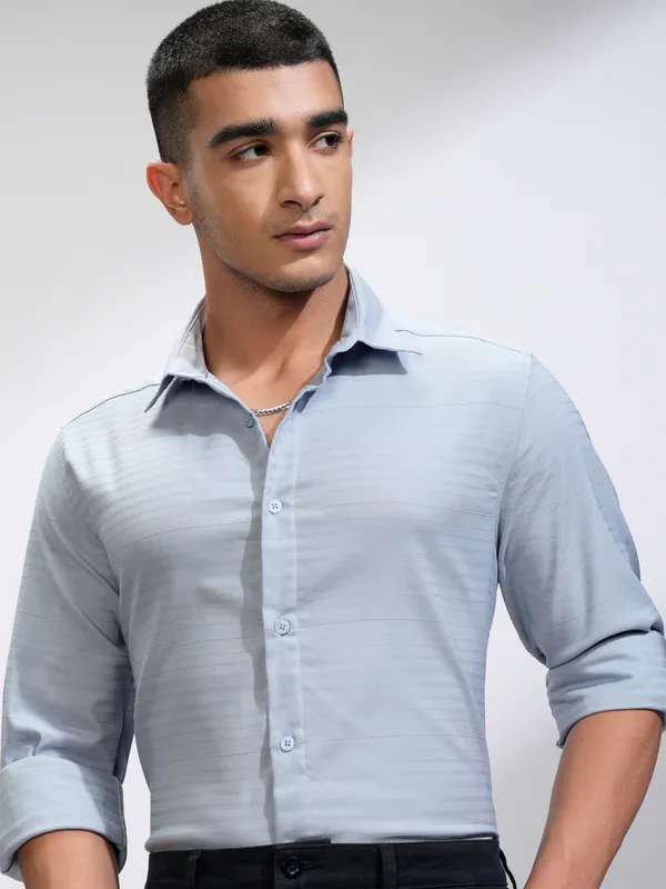 Highlander Men Blue Striped Slim Fit Casual Shirt