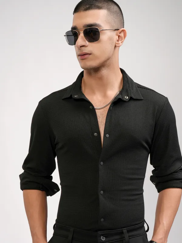 Highlander Men Black Self Design Slim Fit Casual Shirt