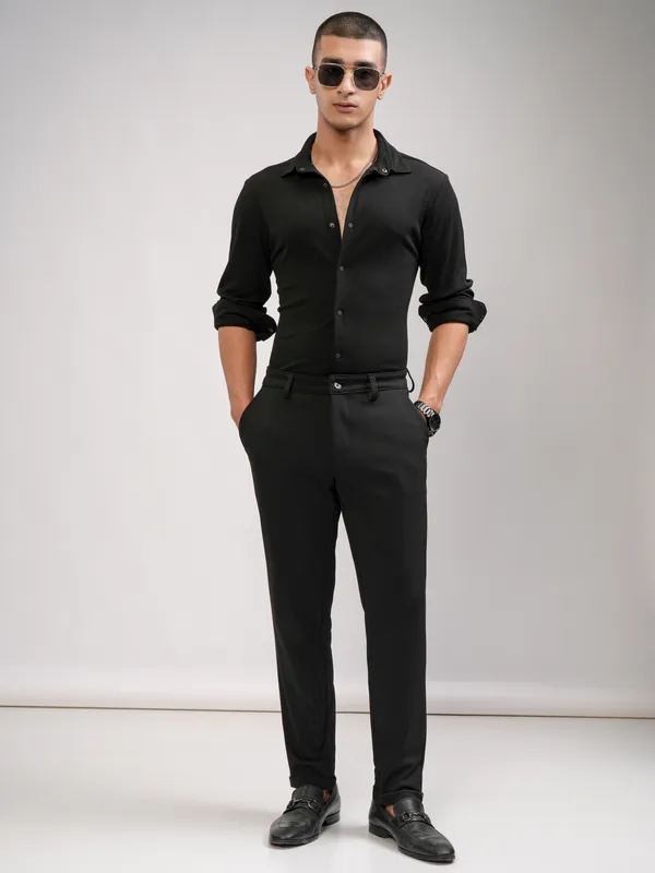 Highlander Men Black Self Design Slim Fit Casual Shirt