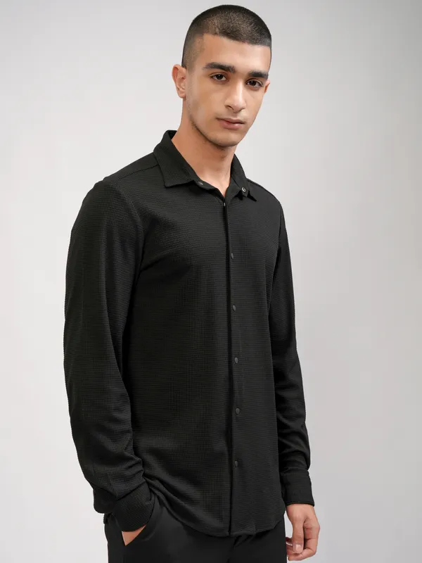 Highlander Men Black Self Design Slim Fit Casual Shirt