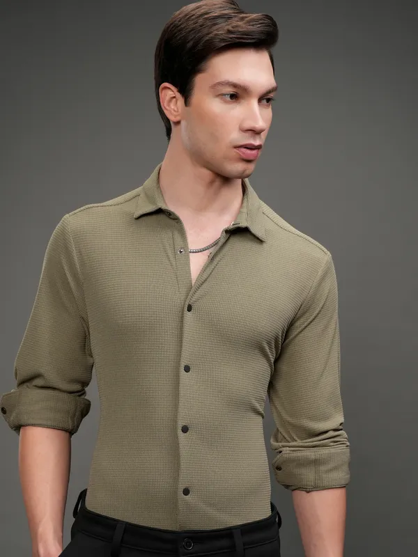 Highlander Men Khaki Self Design Slim Fit Casual Shirt