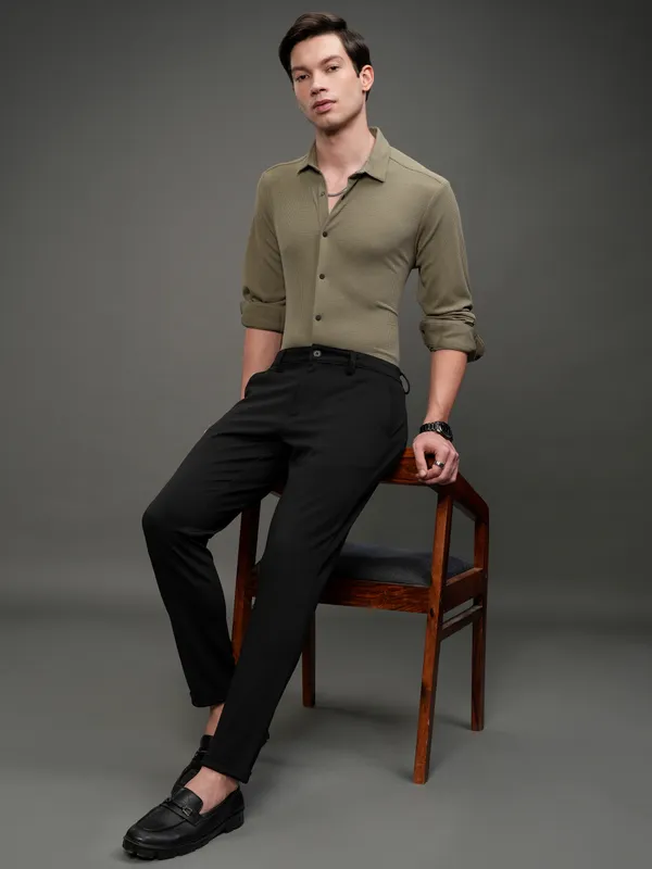 Highlander Men Khaki Self Design Slim Fit Casual Shirt