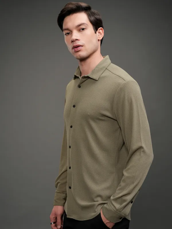 Highlander Men Khaki Self Design Slim Fit Casual Shirt