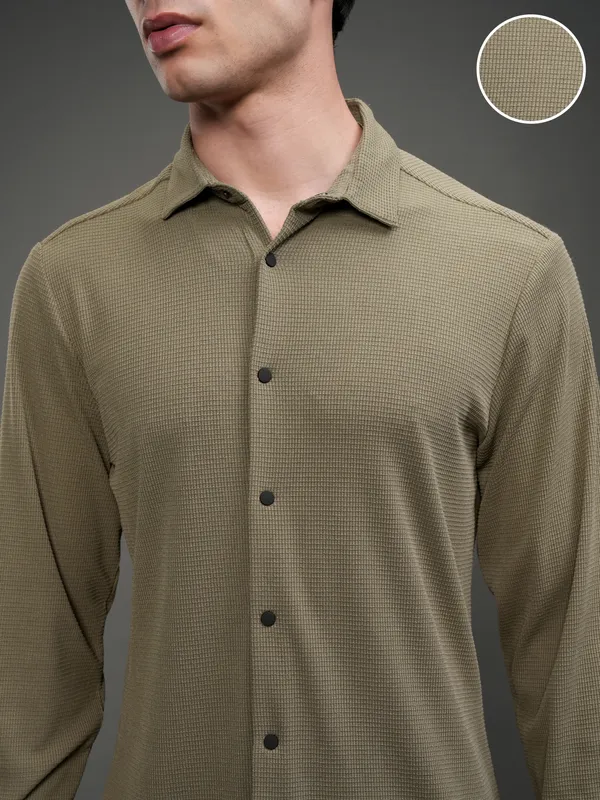 Highlander Men Khaki Self Design Slim Fit Casual Shirt