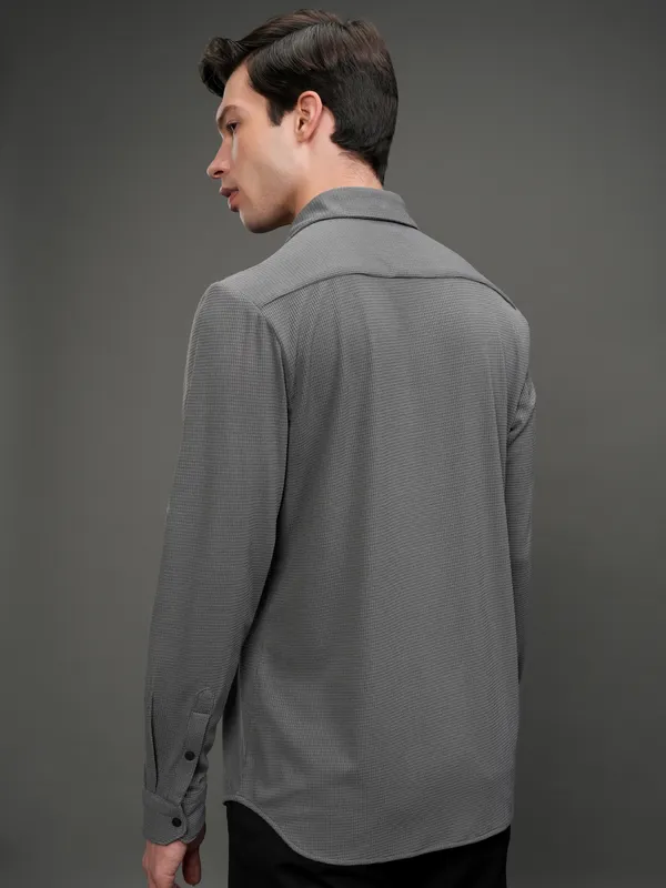 Highlander Men Grey Self Design Slim Fit Casual Shirt