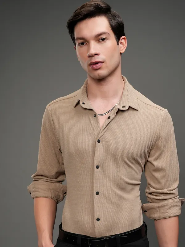 Highlander Men Beige Self Design Slim Fit Casual Shirt