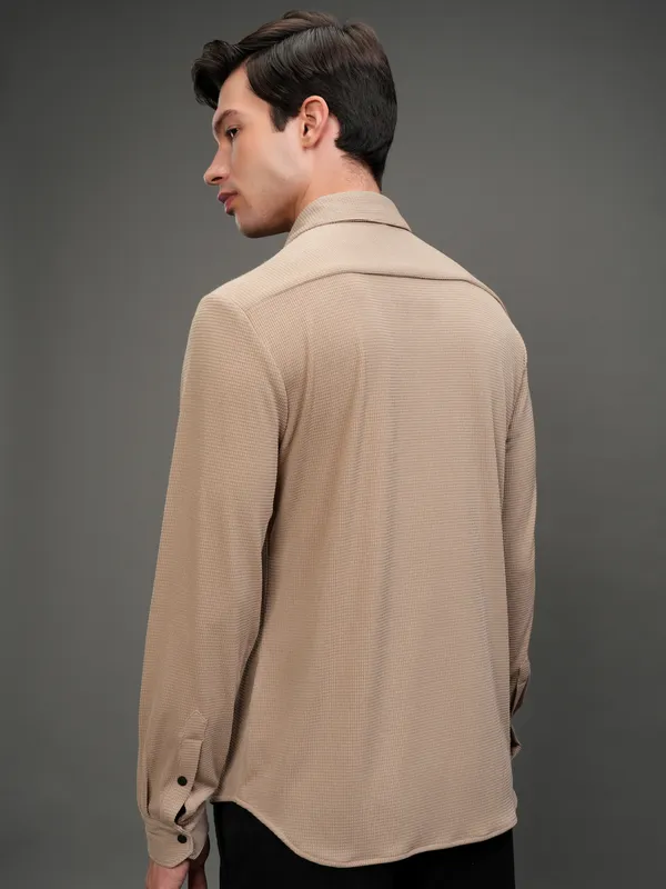 Highlander Men Beige Self Design Slim Fit Casual Shirt