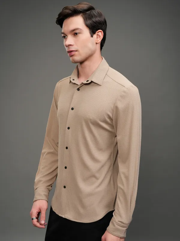 Highlander Men Beige Self Design Slim Fit Casual Shirt