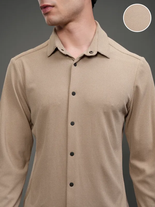 Highlander Men Beige Self Design Slim Fit Casual Shirt