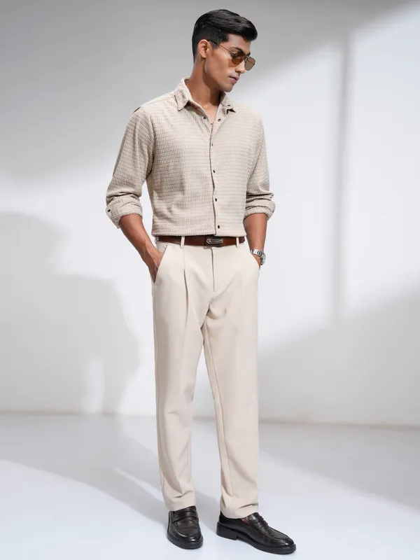 Highlander Men Beige Self Design Slim Fit Casual Shirt