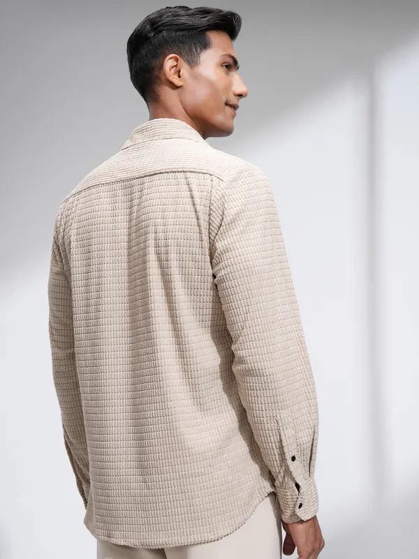 Highlander Men Beige Self Design Slim Fit Casual Shirt