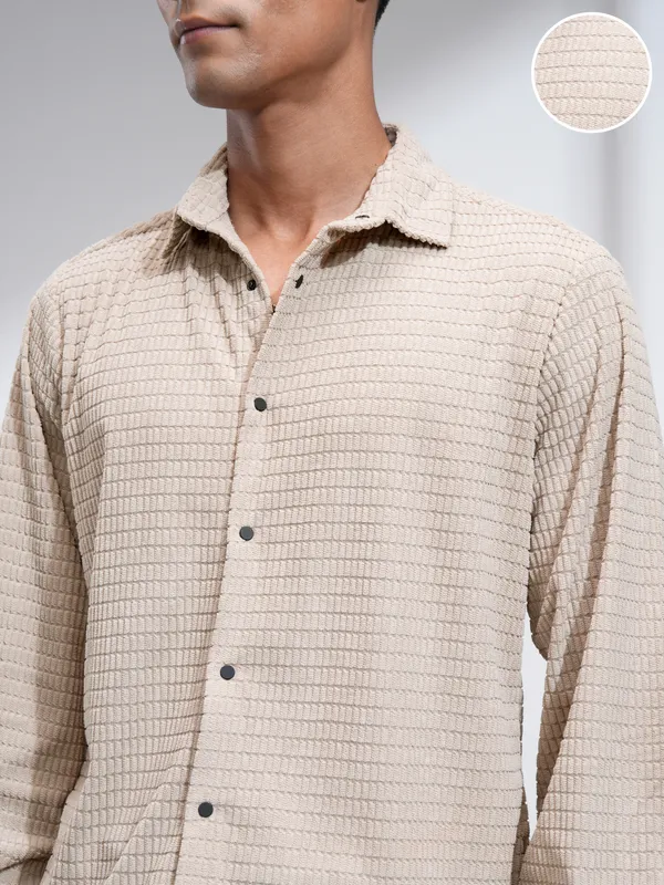 Highlander Men Beige Self Design Slim Fit Casual Shirt