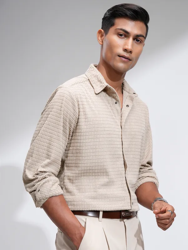 Highlander Men Beige Self Design Slim Fit Casual Shirt