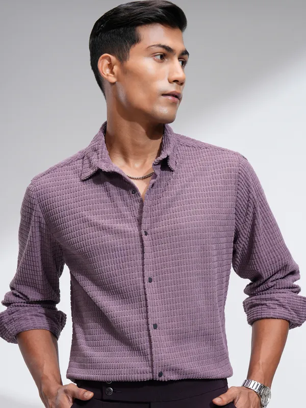 Highlander Men Purple Self Design Slim Fit Casual Shirt