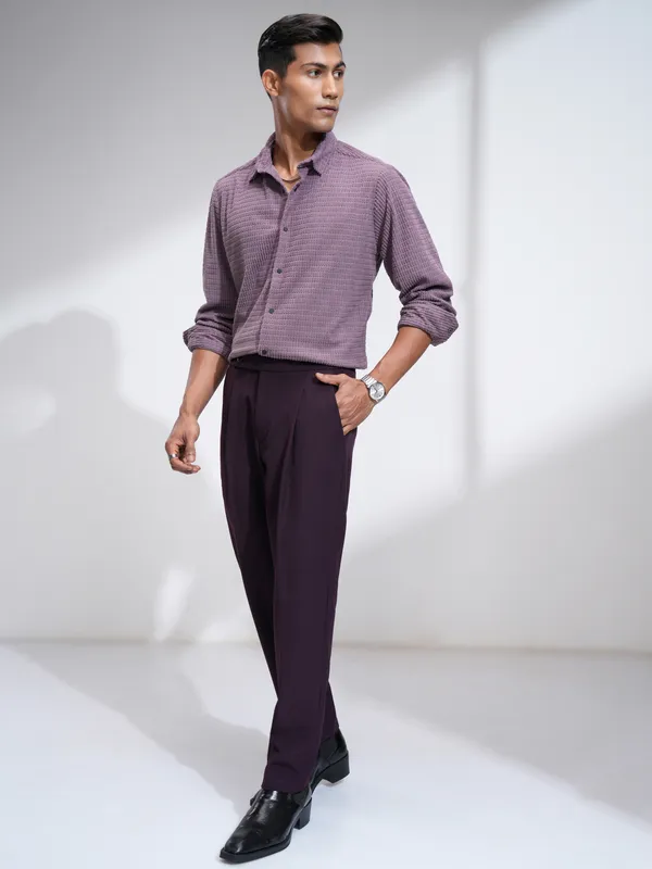 Highlander Men Purple Self Design Slim Fit Casual Shirt