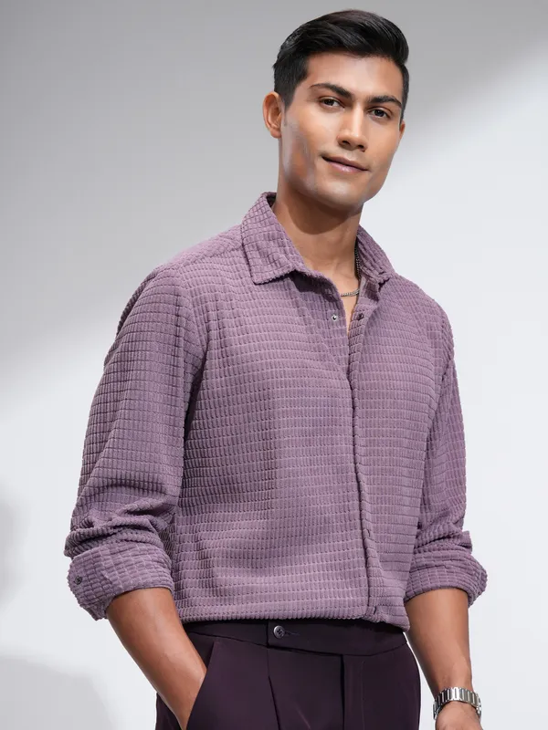 Highlander Men Purple Self Design Slim Fit Casual Shirt