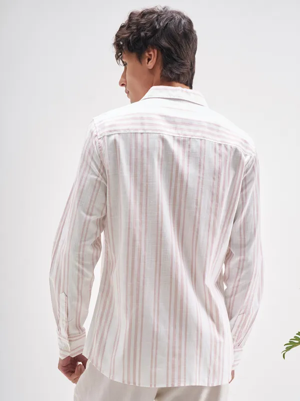 Highlander Men White Striped Regular Fit Casual Shirt