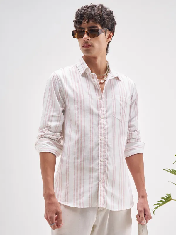 Highlander Men White Striped Regular Fit Casual Shirt