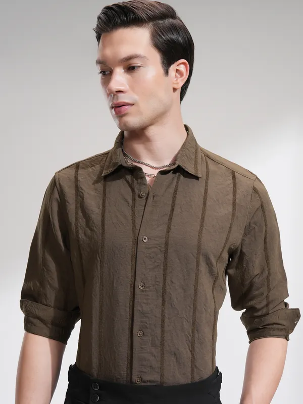 Highlander Men Brown Striped Slim Fit Casual Shirt