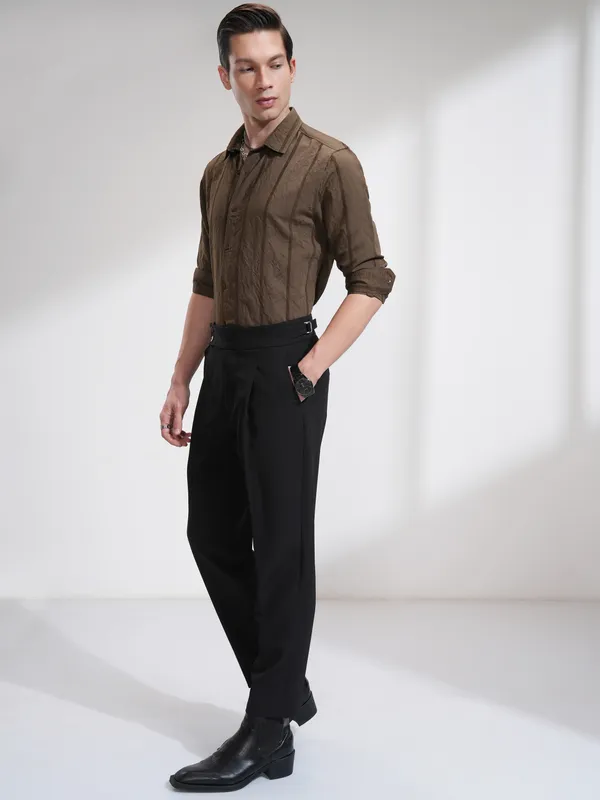 Highlander Men Brown Striped Slim Fit Casual Shirt