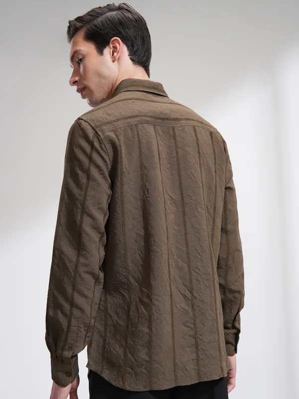Highlander Men Brown Striped Slim Fit Casual Shirt