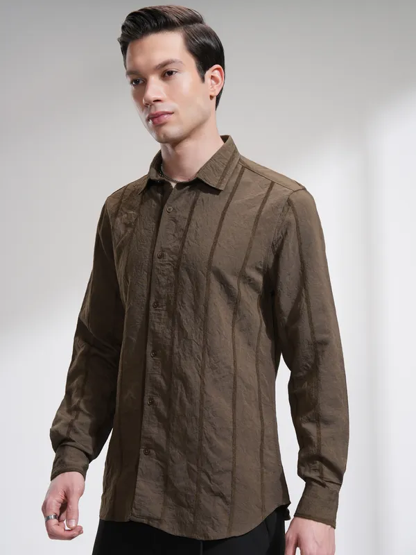 Highlander Men Brown Striped Slim Fit Casual Shirt