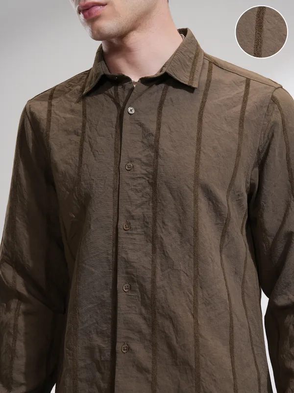 Highlander Men Brown Striped Slim Fit Casual Shirt