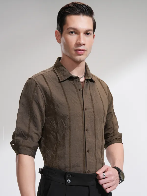 Highlander Men Brown Striped Slim Fit Casual Shirt