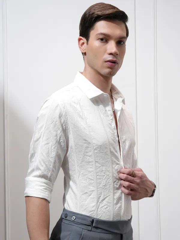 Highlander Men White Striped Slim Fit Casual Shirt