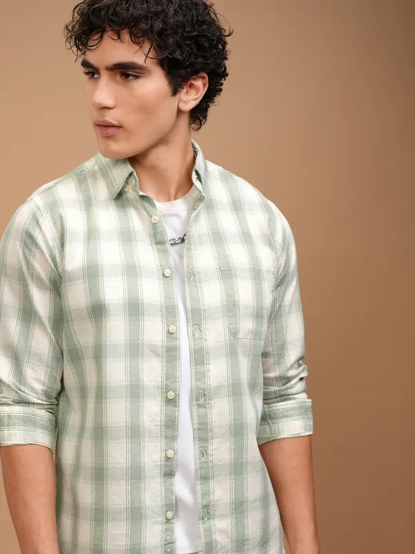 Highlander Men Olive Checked Slim Fit Casual Shirt