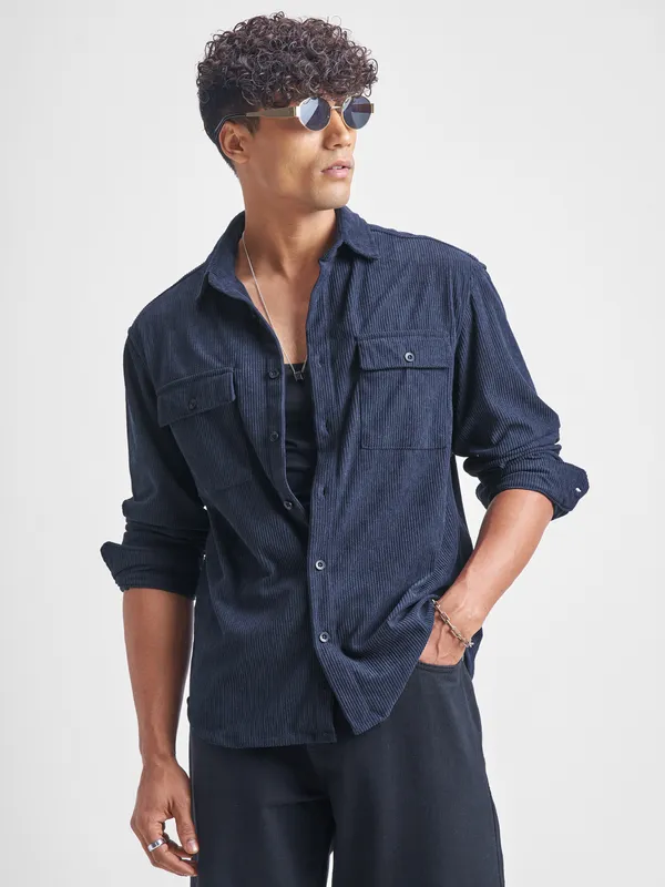 Highlander Men Navy Blue Self Design Relaxed Fit Casual Shirt