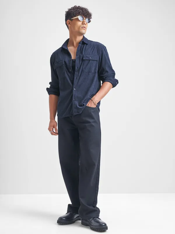 Highlander Men Navy Blue Self Design Relaxed Fit Casual Shirt