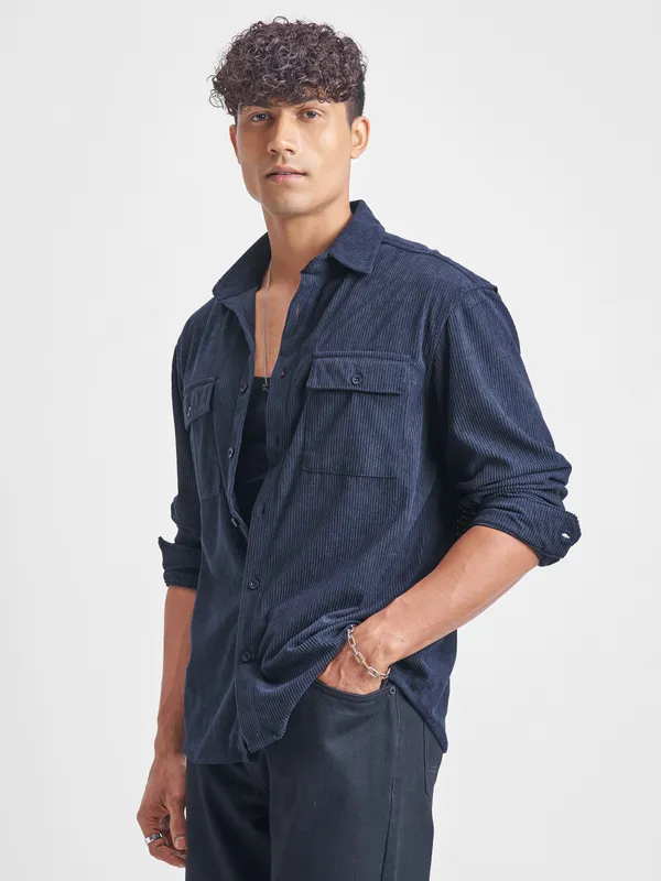 Highlander Men Navy Blue Self Design Relaxed Fit Casual Shirt