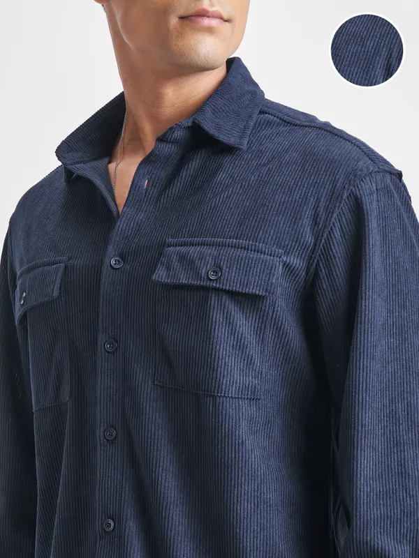 Highlander Men Navy Blue Self Design Relaxed Fit Casual Shirt