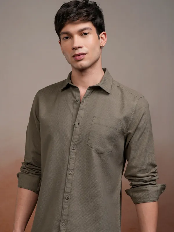 Highlander Men Khaki Self Design Slim Fit Casual Shirt