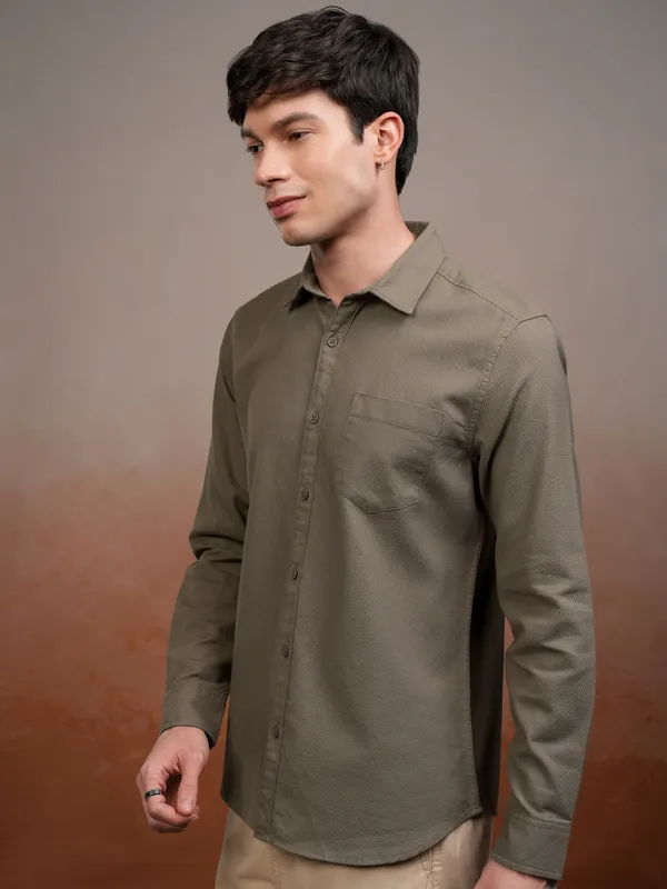 Highlander Men Khaki Self Design Slim Fit Casual Shirt