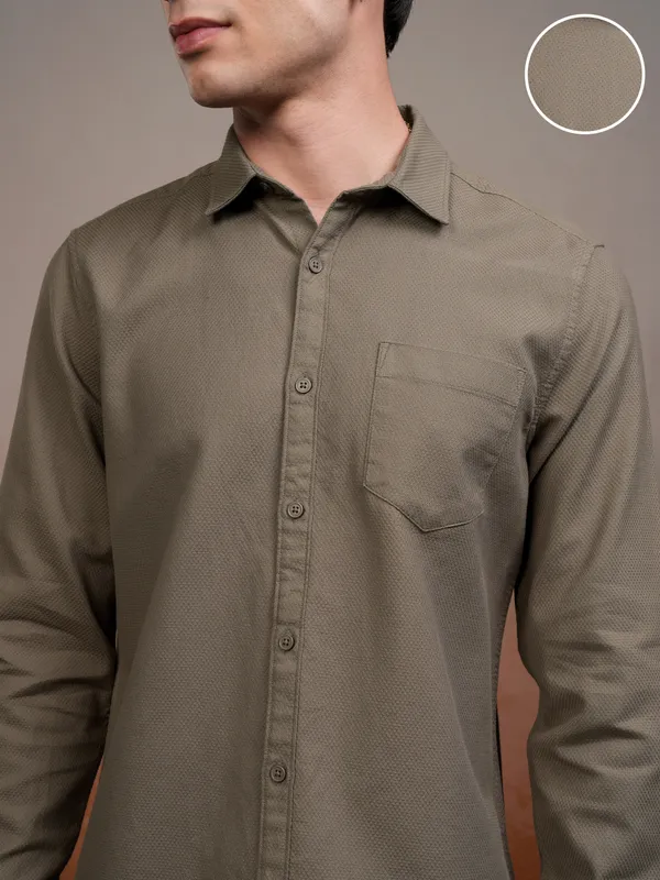 Highlander Men Khaki Self Design Slim Fit Casual Shirt