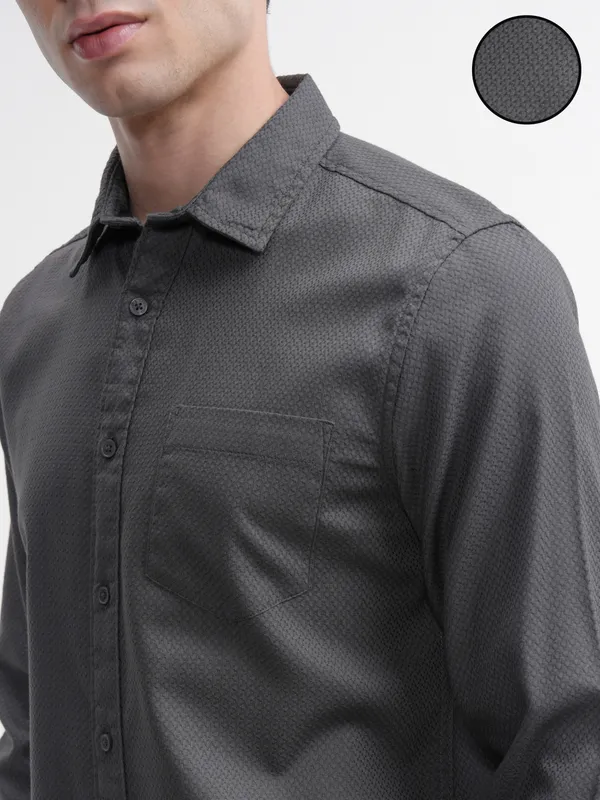 Highlander Men Grey Self Design Slim Fit Casual Shirt