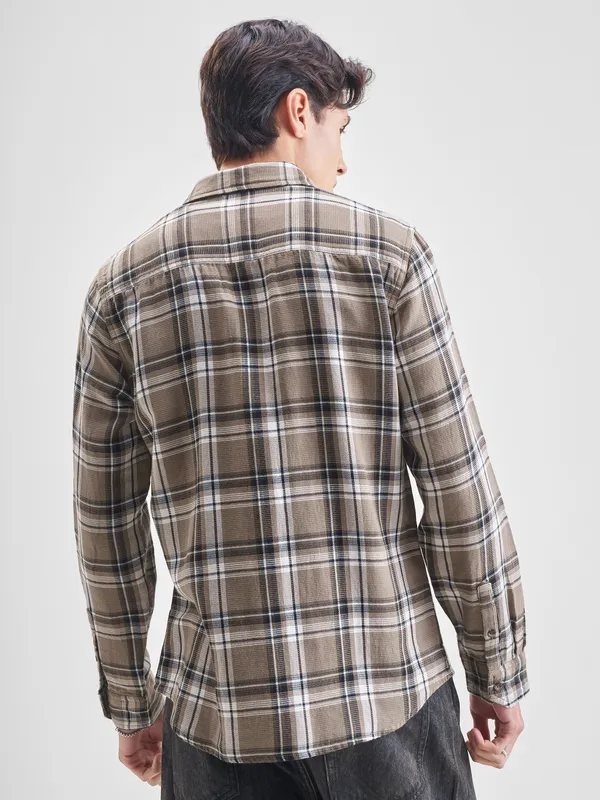 Highlander Men Khaki Checked Slim Fit Casual Shirt