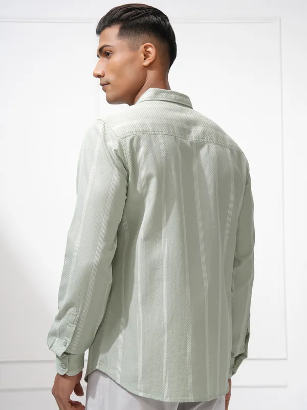 Highlander Men Green Striped Slim Fit Casual Shirt