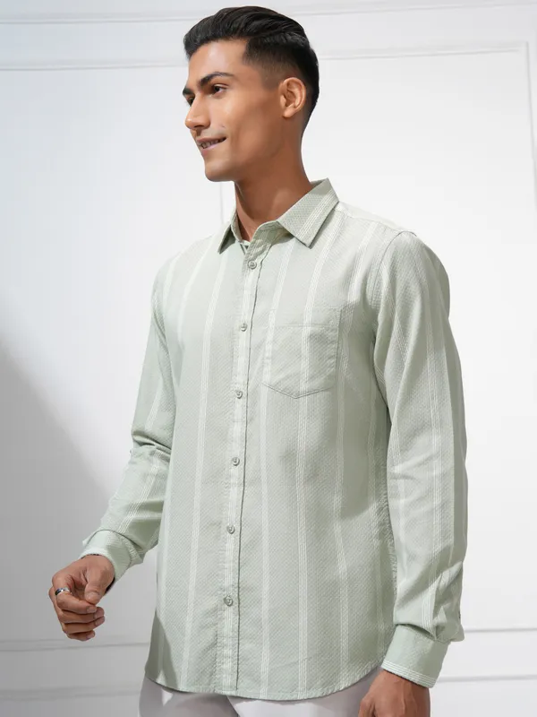 Highlander Men Green Striped Slim Fit Casual Shirt