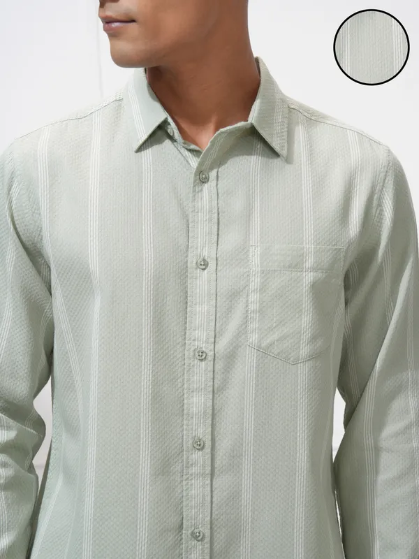 Highlander Men Green Striped Slim Fit Casual Shirt
