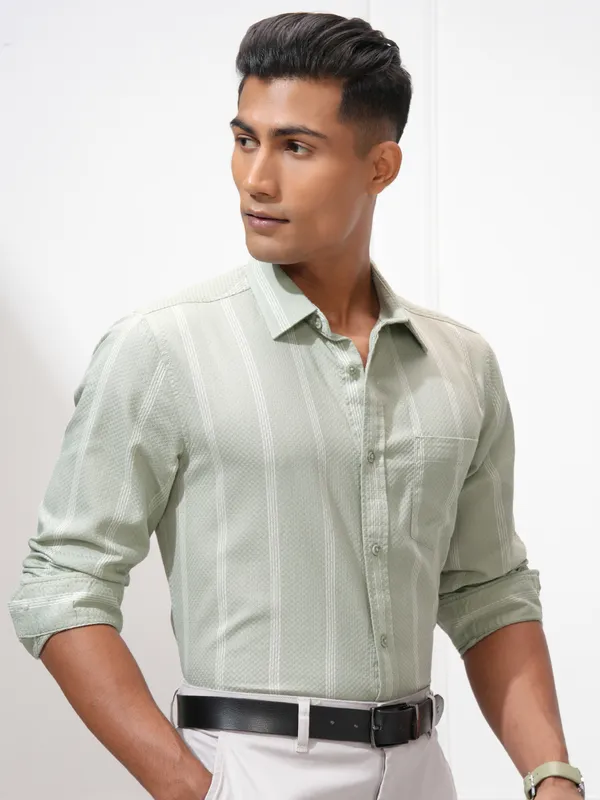 Highlander Men Green Striped Slim Fit Casual Shirt