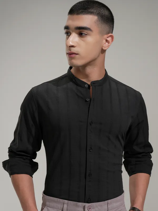 Highlander Men Black Self Design Slim Fit Casual Shirt