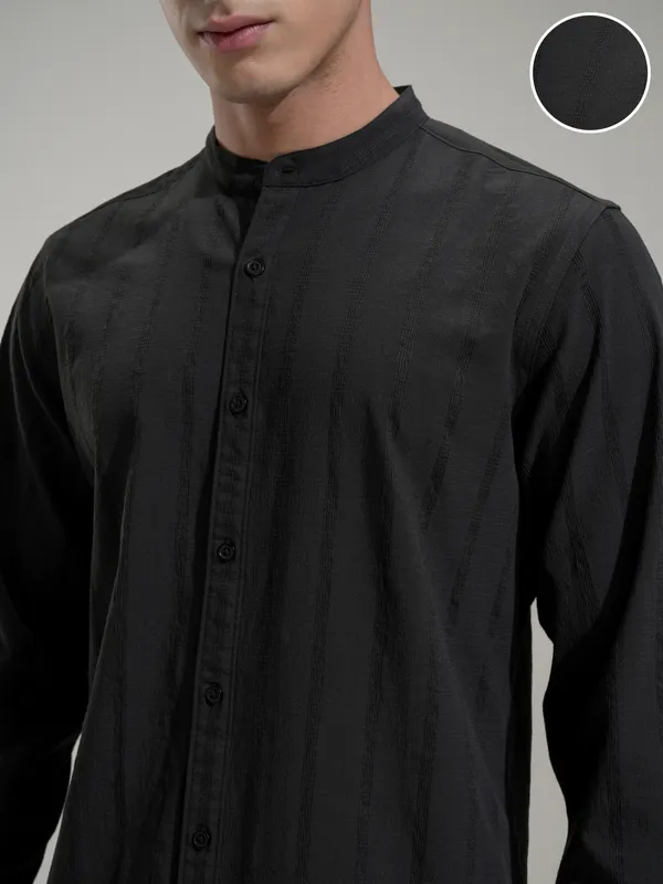 Highlander Men Black Self Design Slim Fit Casual Shirt