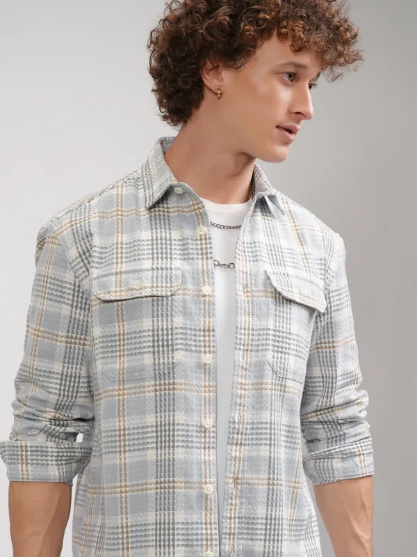 Highlander Men Grey Checked Oversized Fit Casual Shirt
