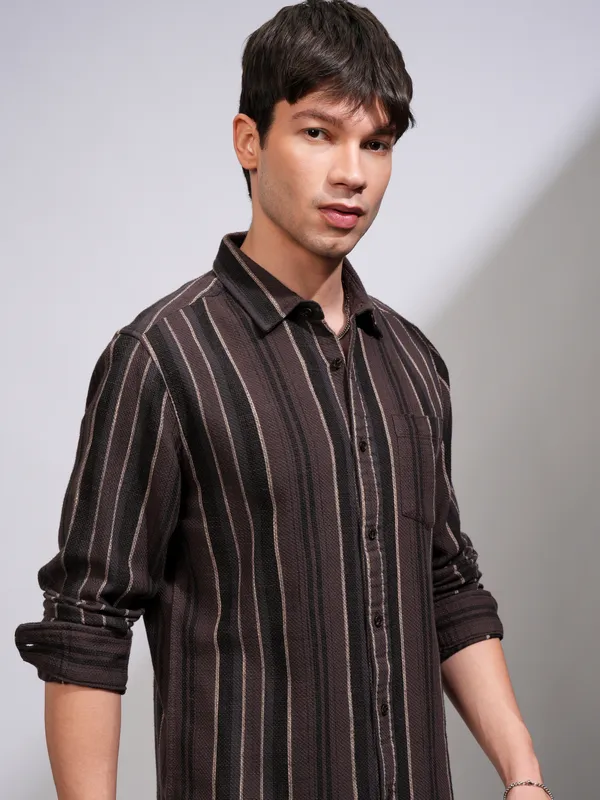 Highlander Men Brown Striped Relaxed Fit Casual Shirt
