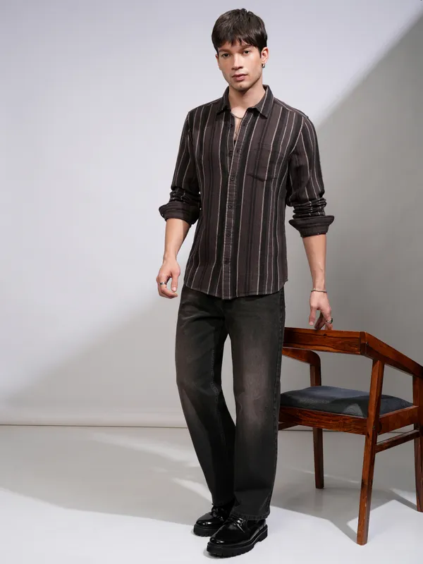 Highlander Men Brown Striped Relaxed Fit Casual Shirt